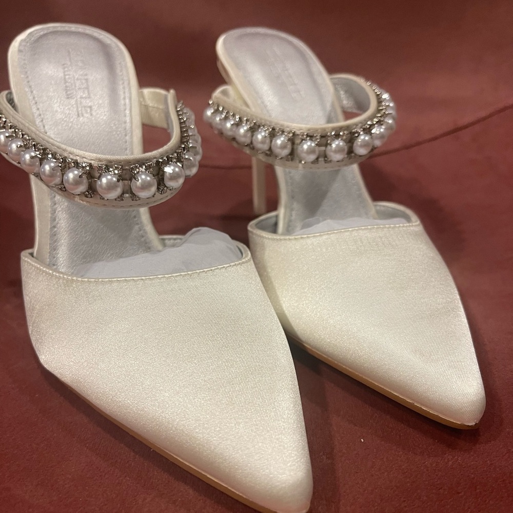 ASOS Truffle Collection Bridal heeled mules with pearl embellishment in white